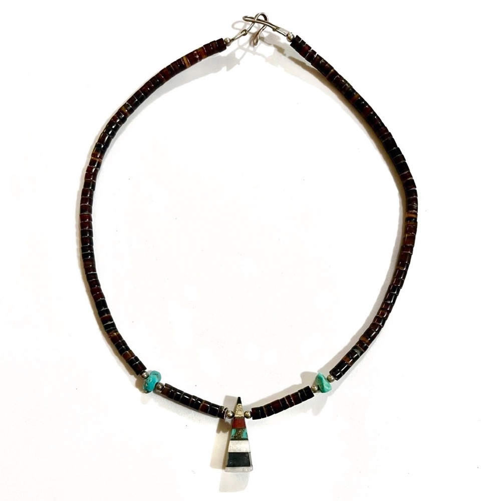 Old Pawn Santo Domingo Penn Shell Heishi Turquoise Multi Sone Pendant Necklace